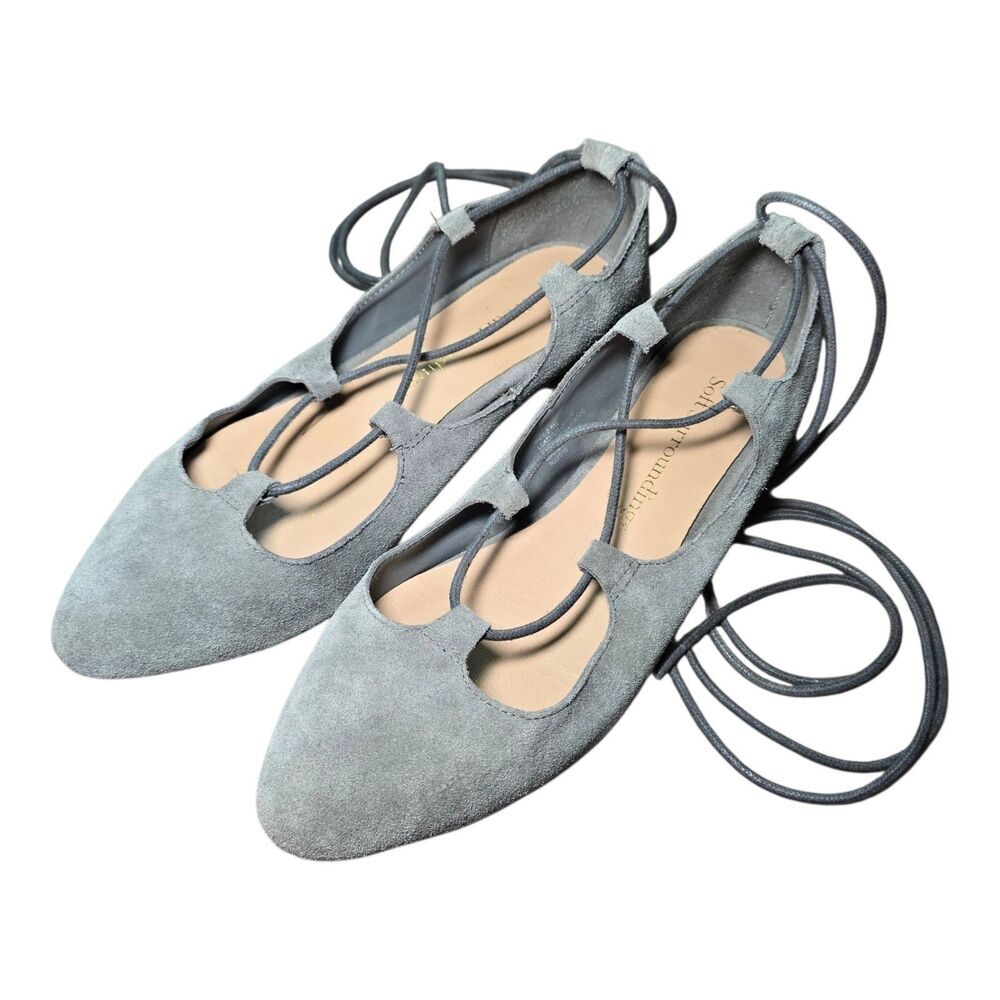 Soft Surroundings Womens 8.5 M Gray Suede Lace Up Ghillie Ballet Flats Shoes